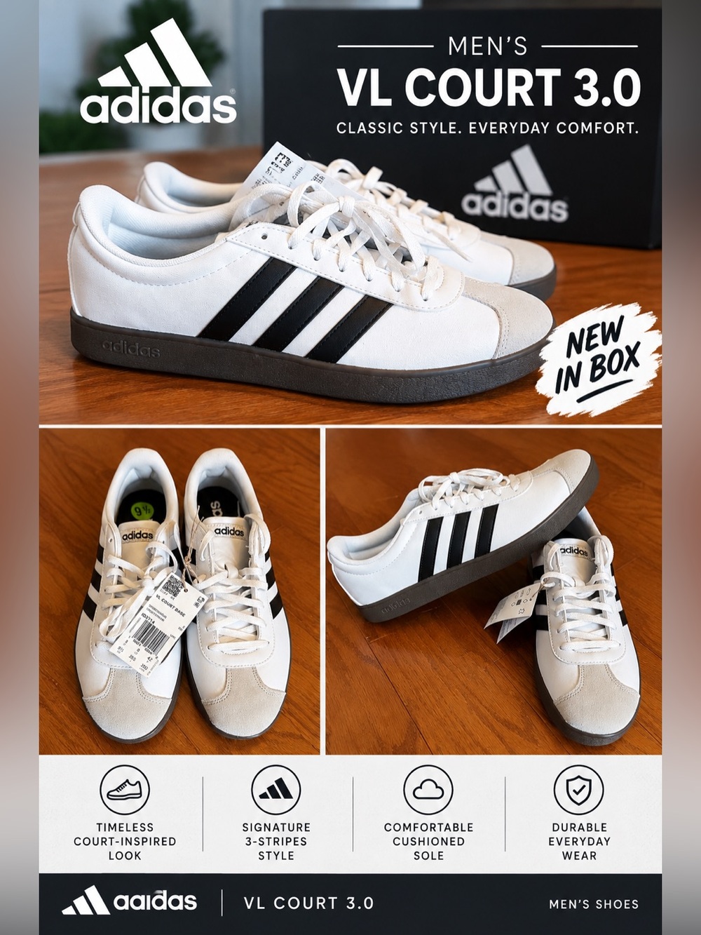 adidas White and Black VL Court 3.0 Casual Sneakers- New with Tags